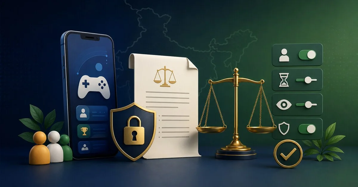 A smartphone, legal document, privacy shield, balanced scales, and safety controls illustrate a 101 Spin legal and privacy guide for India.