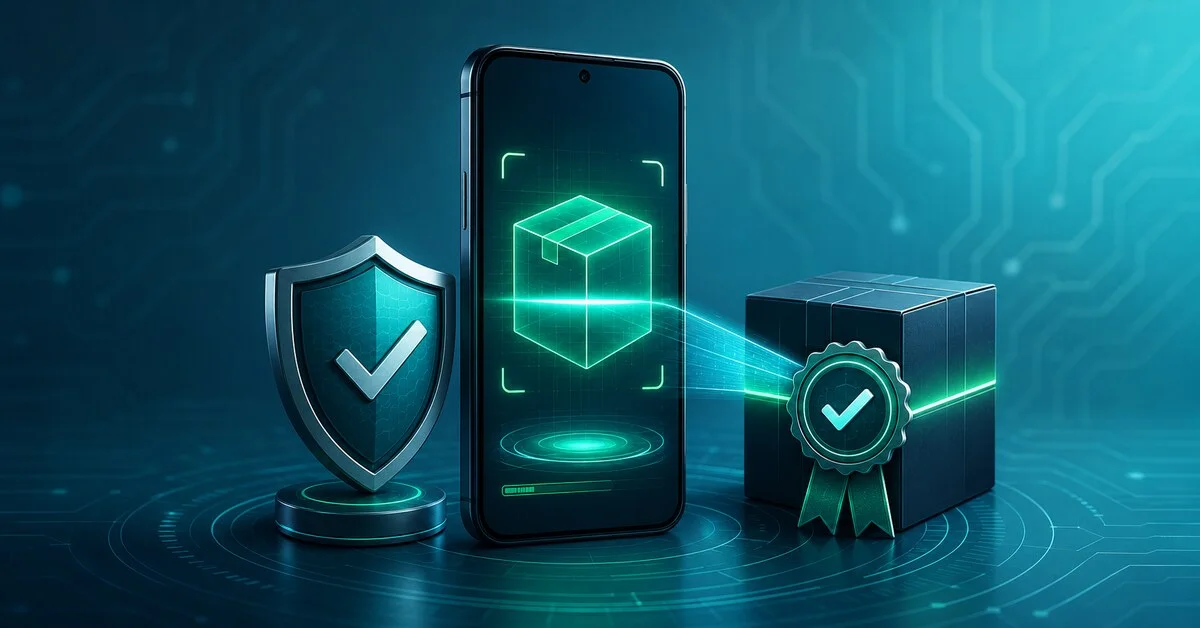 A generic smartphone scans a sealed software package beside a security shield and certificate badge for a Spin 101 APK safety guide.