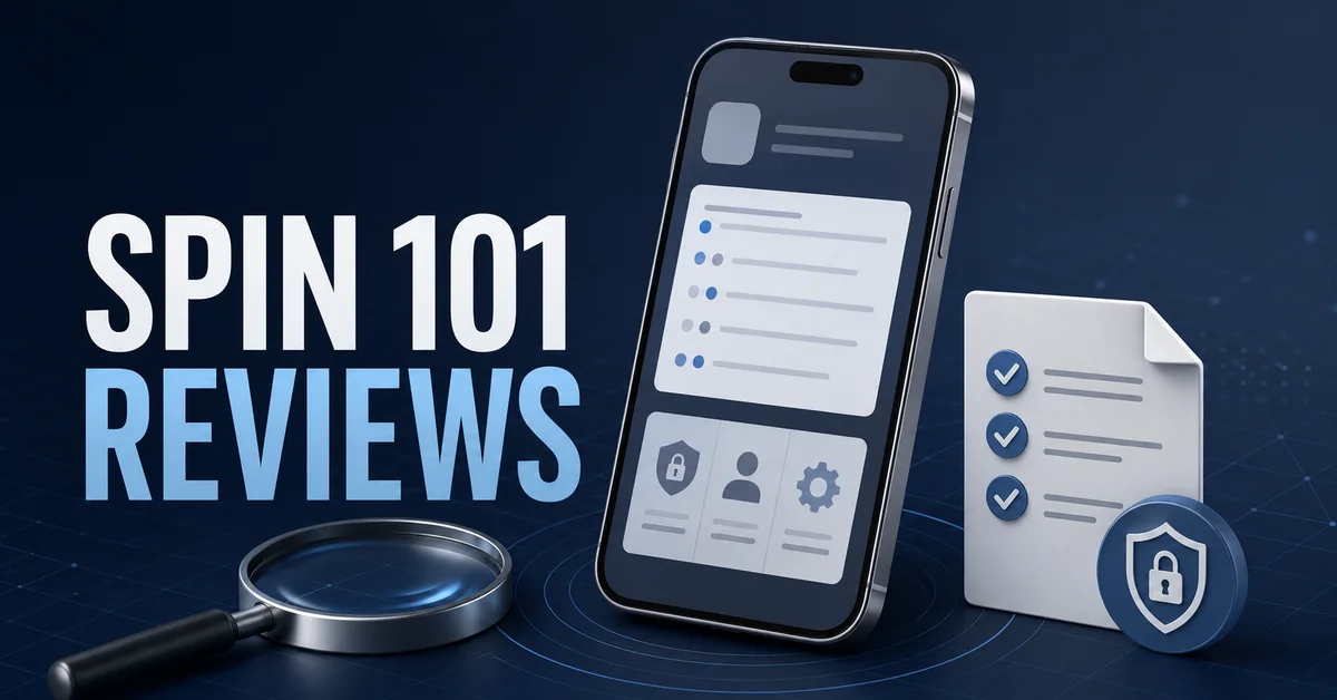 Spin 101 reviews with a smartphone, verification checklist, magnifying glass and privacy symbols