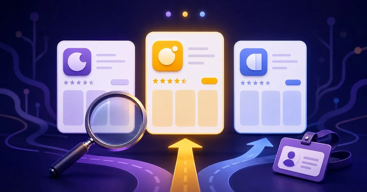 Three similar mobile app cards branch into different paths while a magnifying glass and identity tag support a Spin 101 Z APK comparison.