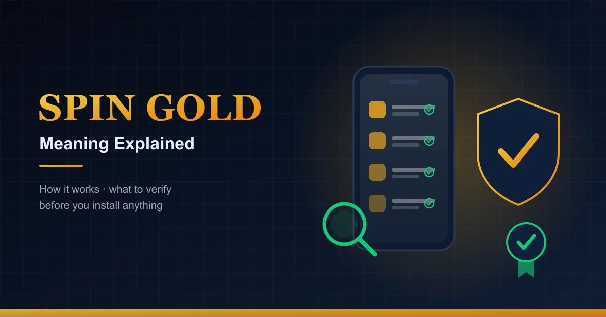 A smartphone showing Spin Gold app information beside privacy, security, and verification icons