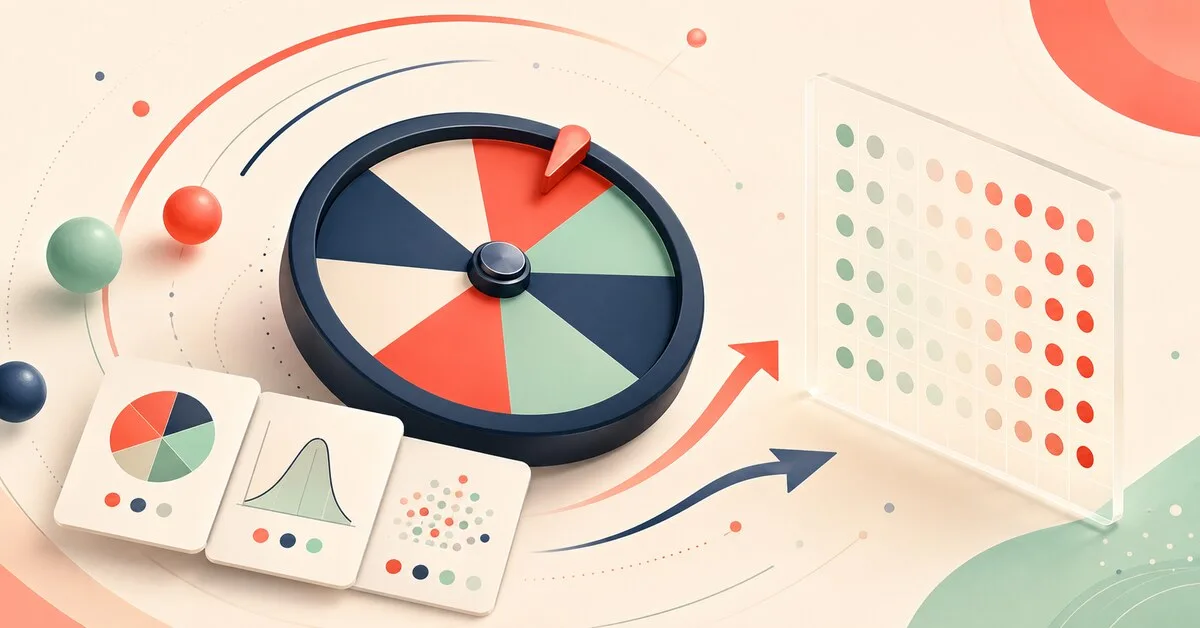An abstract spinning wheel, probability grid, and learning cards illustrate random outcomes for a Spinning 101 article.
