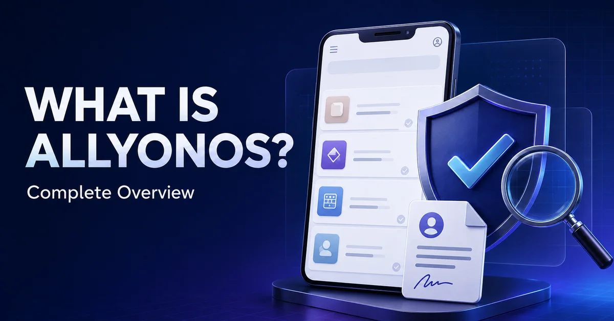 Feature image reading “What Is ALLYONOS?” beside a smartphone, check-mark shield, magnifying glass, and review document.
